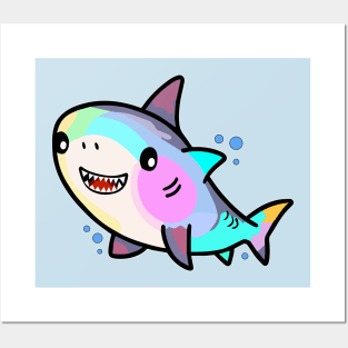 Happy smiling baby shark with bubbles. Kawaii cartoon Posters and Art